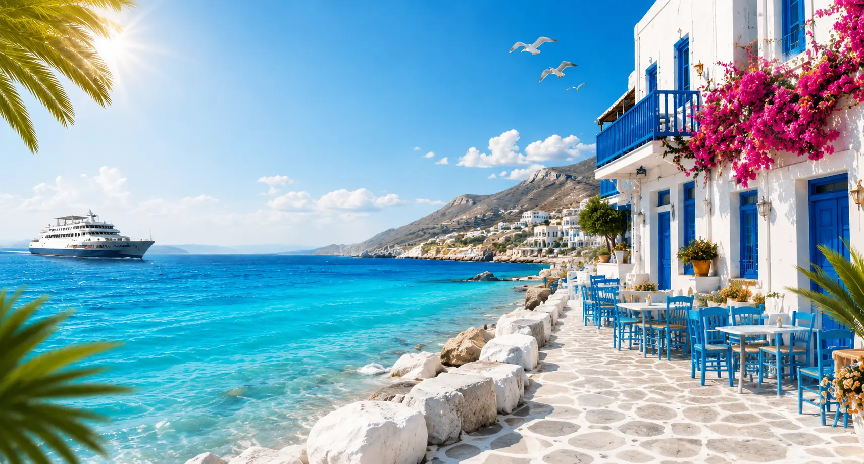 Greek islands coastline with ferry, Aegean Sea